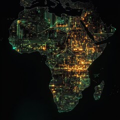 A glowing digital map of the African continent with golden and green circuitry patterns, symbolizing the region's technological growth and connectivity in the digital age