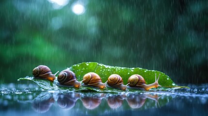 Five snails crawl in a line on a green leaf, with raindrops falling around them.