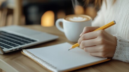 Poster - A person writing in a notebook with coffee and laptop, AI