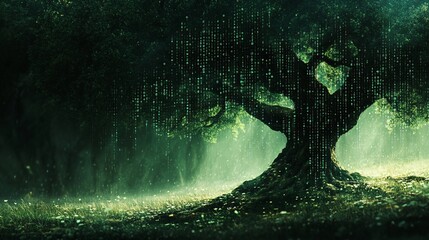 An abstract representation of AI as a digital tree with branches of code and data streams Stock Photo with copy space