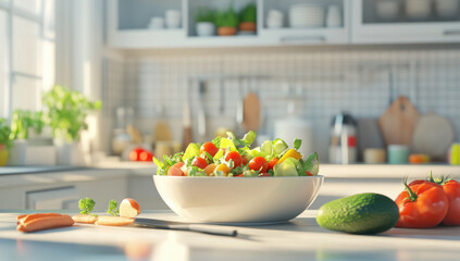 Wall Mural - Fresh salad with colorful vegetables in a bright kitchen, surrounded by ingredients like tomatoes, cucumbers, and carrots