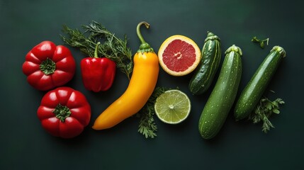 Sticker - A variety of vegetables are arranged on a dark surface, AI