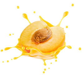 Wall Mural - half of apricot in juice splash isolated on a white background. Clipping path