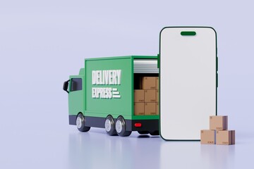 Wall Mural - 3D Green Truck delivery car with mobile phone empty screen icon on isolated purple background. Online shopping or E-commerce concept. Minimal cartoon truck logistic car. banner, copy space. 3d render.