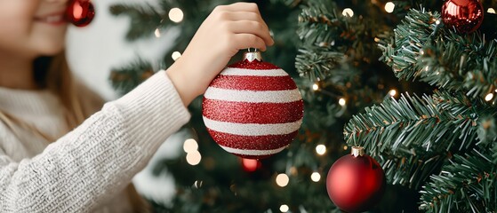 A closeup of a father and daughter placing a handmade ornament on the Christmas tree together christmas background family warmth concept.