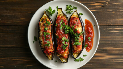 Three delicious baked eggplants stuffed with chicken, rice, and spices, topped with tomato sauce and fresh parsley on a white plate