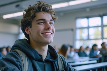 A young student sits in a classroom with a smile on his face, possibly feeling happy and engaged in learning