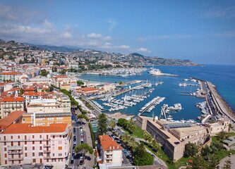 Aerial view of the marina Marina Portosole Sanremo, located in the centre of Sanremo, also known as the City of Flowers