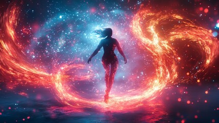 Wall Mural - silhouette of a woman surrounded by glowing fiery swirls in a cosmic space scene