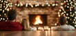 © AlgoCreative - A cozy family gathering in a rustic living room decorated for Christmas, with a glowing fireplace in the background christmas background family warmth concept.