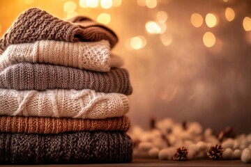 Stacked Knitted Sweaters with Bokeh Lights and Cotton Balls