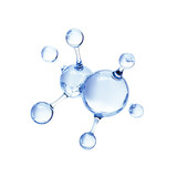 3D of a transparent molecule structure, blue spheres connected by rods, representing scientific research and chemistry concepts.