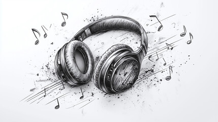 Hand-Drawn Musical Headphones Design | Notes and Clef Illustration for Video Game Production, Video Post-Production, and T-Shirt Printing