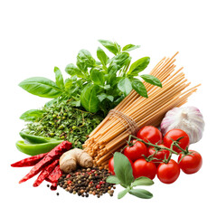 Wall Mural - Assortment of fresh herbs, vegetables, and spices for healthy cooking and Mediterranean diet