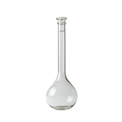 transparent glass laboratory flask with a round bottom and narrow neck, isolated on transparent back