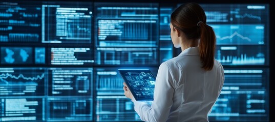 Wall Mural - Businesswoman Analyzes Data on Multiple Screens Modern Security Operations Center Concept