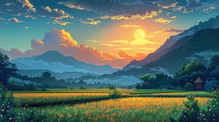 Wall Mural - Golden Field at Sunset with a Full Moon in the Sky