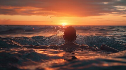 A person swimming or floating in calm waters with a stunning sunset in the background