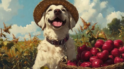 Canvas Print - A dog wearing a straw hat and holding an apple in his mouth, AI