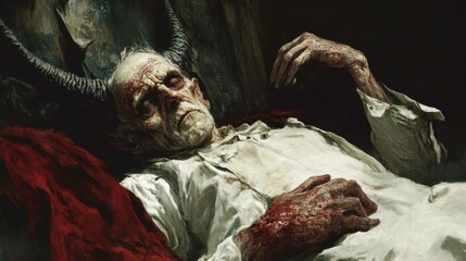 Wall Mural - A painting of a man with horns and blood on his face, AI