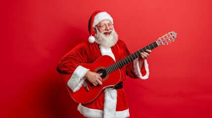 Joyful Santa Claus Playing Festive Music on Acoustic Guitar, Isolated on Red Background