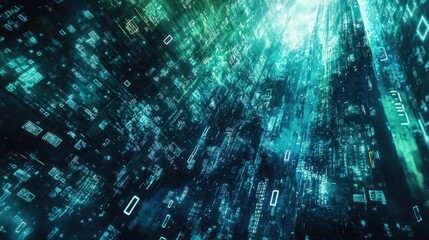 Abstract Digital Technology Background with Green and Blue Glowing Lines and Squares.