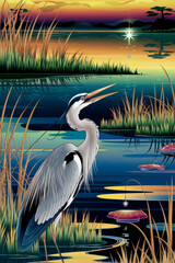a heron standing by the water’s edge at twilight. the background features a gradient sky transitioni