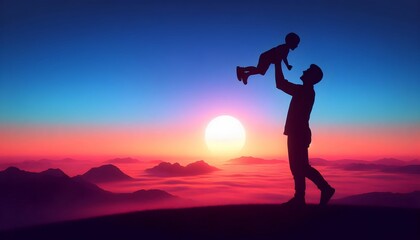 Wall Mural - scenic view of man lifting child in his hands, a moment of happiness