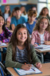 © IBEX.Media - Smiling young girl in a wheelchair attentively participating in a diverse classroom, surrounded by other engaged students, highlighting inclusion and positive learning environments