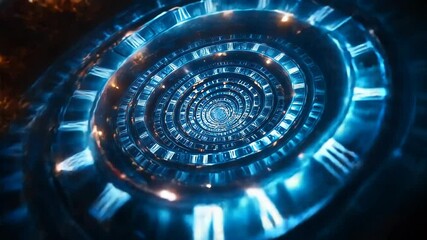 Wall Mural - blue spiral tunnel with bright luminous elements. clock dial
