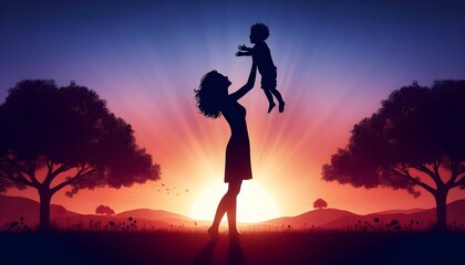 scenic view of a woman lifting a child in her hands, a moment of happiness