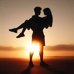 Wall Mural - scenic view of a silhouette of a man carrying up a woman in his arms  