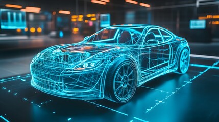 Digital twin of an automotive prototype in a virtual testing environment showcasing the latest advancements in automotive engineering design and data visualization