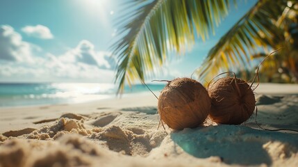 Two coconuts on sandy beach with palm trees and ocean in the background.