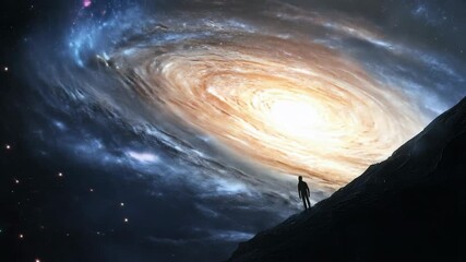 Wall Mural - a man stands in front of a huge galaxy surrounded by stars and space, creating a feeling of the vast