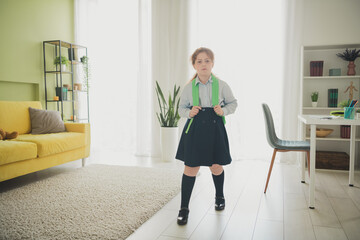 Canvas Print - Photo of sad upset frustarted adorable girl school kid dont want going school in morning standing room home indoors