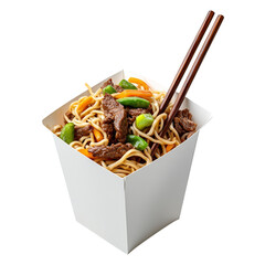 Wall Mural - Tasty Asian take out noodles with beef, vegetables, and chopsticks in a paper box