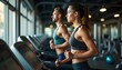 © Ali Hamza Tullah - Side profile of a male and female running on a treadmill at the gym, focus on the man. young girl in gym, gym running, gym background