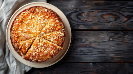 Canvas Print - Almond cake with sugar and sliced almonds, displayed on a plate on a rustic wooden table