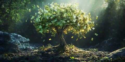 Canvas Print - monopoly money tree growing in a mystical forest 