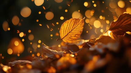 Canvas Print - A close up of a leaf on the ground with some light shining through it, AI