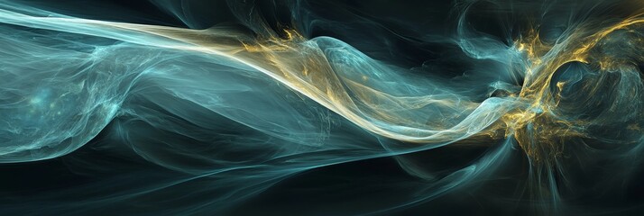 Sticker - Abstract Digital Art Ethereal Flow of Turquoise and Golden Energy Waves, Fluid Dynamics