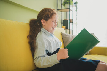 Canvas Print - Photo of charming cute girl learner sitting couch reading book diary hometask study from home daylight indoors