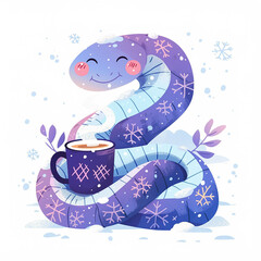 Canvas Print - A purple snake is curled up next to a cup of coffee. The snake is wearing a scarf and he is enjoying a warm drink on a cold day