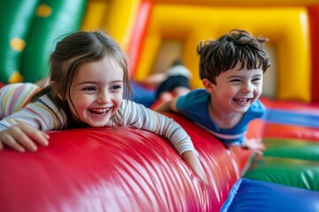 joyful children having fun on an inflatable bounce house, capturing moments of happiness