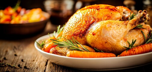 Juicy roasted chicken with crispy skin, golden brown, served with a side of glazed carrots and rosemary, rustic setting