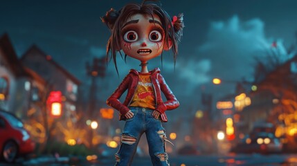 Wall Mural - Girl cute zombie in ripped jeans, night scary landscape. Funny cheerful facial expression, 3d animation style cartoon character