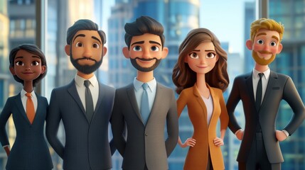 Wall Mural - A team of young startup entrepreneurs in business suits. Modern bright office with large windows overlooking the city, skyscrapers. 3d style cartoon character