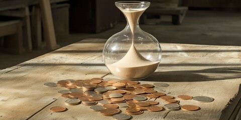 Wall Mural - Time is Money: Sand Clocks with Coins on a Table