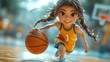 © photolas - School girl playing basketball on basketball court. Funny cheerful facial expression, 3d style cartoon character